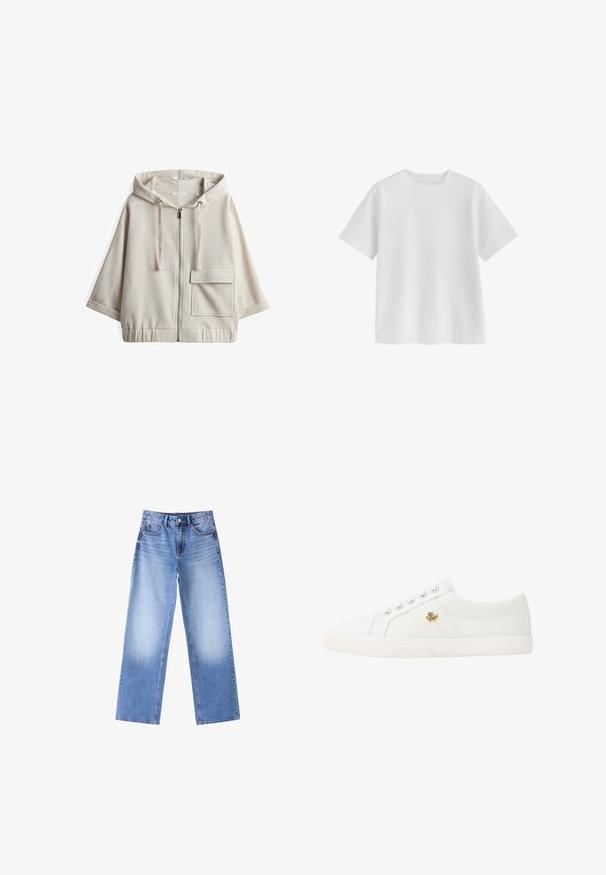 Beige Kapuzenzipper-Sweatshirt mit großer Fronttasche, lockerer Passform, elastischem Bund und glattem Baumwollmischgewebe.; Schlichtes weißes T-Shirt mit kurzen Ärmeln und Rundhalsausschnitt, regulärer Passform und glatter Stoffstruktur auf weißem Hintergrund.; Hellblaue Jeans mit weitem Bein, vorderer Knopfleiste und Reißverschluss, Fünf-Taschen-Stil und ausgewaschenem Look an Oberschenkeln und Unterschenkeln.; Lauren Ralph Lauren JANSON II CANVAS SNEAKER - Sneaker low - optic white