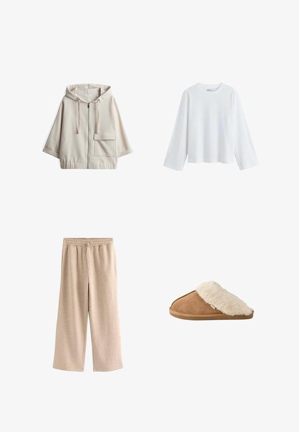 Beige hooded zip-up sweatshirt met een grote voorzak, een losse pasvorm, elastische tailleband en een soepele katoenmix textuur.; Witte, lange mouwen t-shirt gemaakt van zachte katoen, met een ronde halslijn en een drop-shoulder ontwerp, met een relaxte pasvorm en zonder zichtbare patronen.; Beige broek met wijde pijpen, een elastische tailleband en een koordje, gemaakt van een zachte, gevlekte stof.; Bruine instapslipper met zachte beige nep bont voering en zool, zijkant gezien op witte achtergrond.