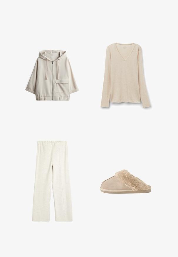Beige hooded zip-up sweatshirt met een grote voorzak, een losse pasvorm, elastische tailleband en een soepele katoenmix textuur.; Langarm V-hals top in lichtbeige stof met een zachte textuur. Relaxte pasvorm met een rechte zoom en een minimalistisch ontwerp.; Koton WIDE LEG - Trainingsbroek - beige; Beige instappantoffel met zachte suède buitenkant en een zachte, pluizige voering en boord, ontworpen voor binnencomfort.