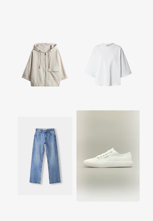 Beige hooded zip-up sweatshirt met een grote voorzak, een losse pasvorm, elastische tailleband en een soepele katoenmix textuur.; Witte oversized T-shirt met korte mouwen, ronde hals en losse pasvorm, weergegeven op een eenvoudige achtergrond.; Lichtblauwe denim jeans met een rechte pasvorm, voorzien van vijf zakken, een knoopsluiting aan de voorkant en subtiele vervaging voor textuur.; Witte lage canvas sneaker met een getextureerde rubberen zool, witte veters en een klein Calvin Klein-label aan de zijkant.