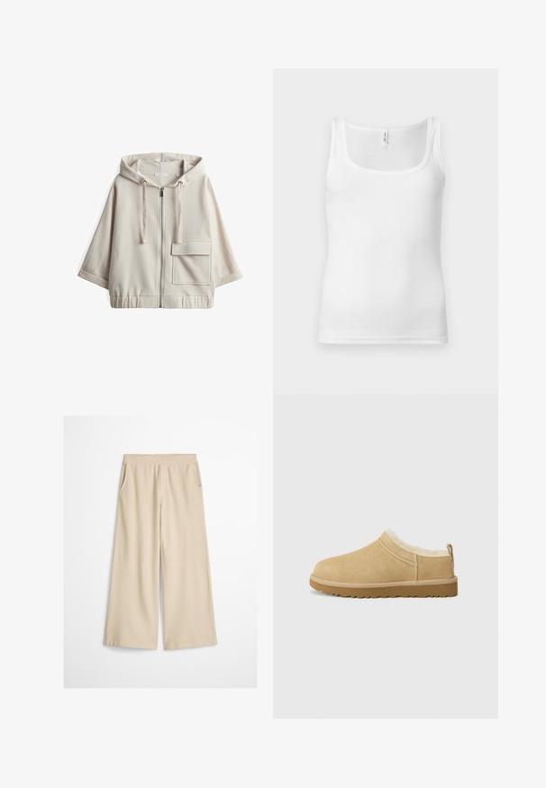 Beige hooded zip-up sweatshirt met een grote voorzak, een losse pasvorm, elastische tailleband en een soepele katoenmix textuur.; Wit katoenen tanktop met een ronde hals, smalle schouderbandjes en een aansluitend ontwerp. Gladde textuur en minimalistische stijl.; Wijde broekspijpen in roomkleur met een hoge tailleband, zonder zichtbare sluitingen of zakken, weergegeven tegen een witte achtergrond.; Suède instap schoenen in licht bruin, met een zachte bontvoering en een gemeleerde rubberen zool met een lichte hak en een trekhaakje aan de achterkant voor gemakkelijk aan- en uittrekken.