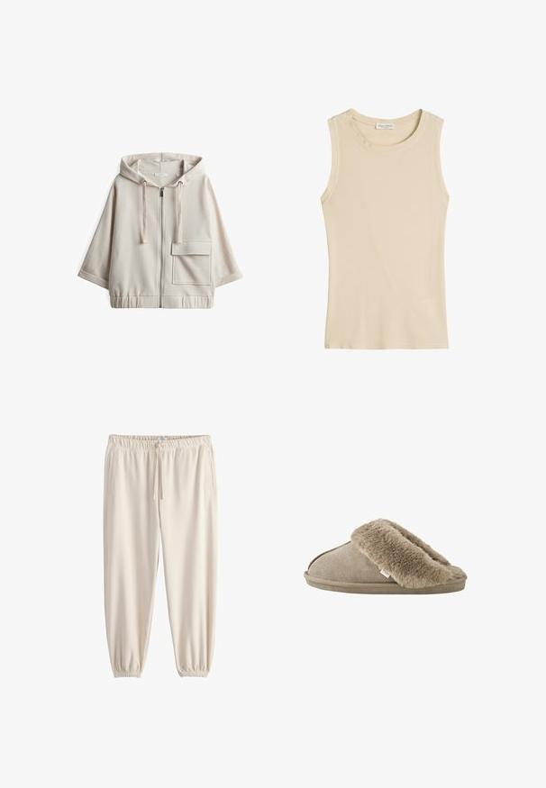 Beige Kapuzenzipper-Sweatshirt mit großer Fronttasche, lockerer Passform, elastischem Bund und glattem Baumwollmischgewebe.; Ärmelloses, beiges, geripptes Tanktop mit rundem Ausschnitt und Marc O’Polo Etikett im Innenkragen.; Jogginghosen in Cremefarbe aus weichem Stoff mit elastischem Bund, Kordelzug und zulaufenden Bündchen. Mit Seitentaschen ausgestattet.; Beiger Hausschuh zum Hineinschlüpfen mit weichem, plüschigem Fellbesatz rund um die Öffnung und einer aussenseitig velourslederähnlichen Sohle.