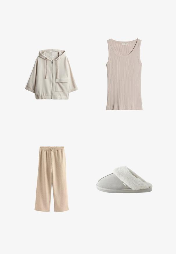Beige Kapuzenzipper-Sweatshirt mit großer Fronttasche, lockerer Passform, elastischem Bund und glattem Baumwollmischgewebe.; Beige geripptes ärmelloses Tanktop mit rundem Ausschnitt, sichtbarem Markenlabel innen am Kragen und kleinem Seitenschild auf einfarbig weißem Hintergrund.; Cremefarbene Schlaghosen aus einem weichen Baumwollmix. Sie verfügen über einen elastischen Bund mit Kordelzug und einer dezenten gesprenkelten Textur.; Hellgrauer Schlupfschuh mit weichem weißem Kunstpelzfutter und Sohle, gekennzeichnet mit "NEXT,", von der Seite auf weißem Hintergrund gesehen.