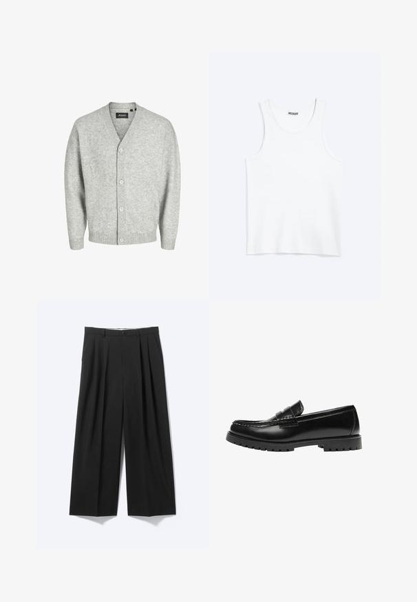Gilet gris clair en tricot doux avec un col en V, cinq boutons sur le devant et des manches et un ourlet à côtes.; Débardeur blanc sans manches avec col rond et étiquette de la marque Weekday à l'intérieur du col arrière, présenté à plat sur un fond clair.; Pantalon noir à jambes larges avec plis sur le devant, passants pour ceinture et fermeture à bouton, présenté sur un fond clair uni.; Mocassin en cuir noir avec une semelle en caoutchouc épaisse et un détail classique de bride à monnaie, vu de côté extérieur.