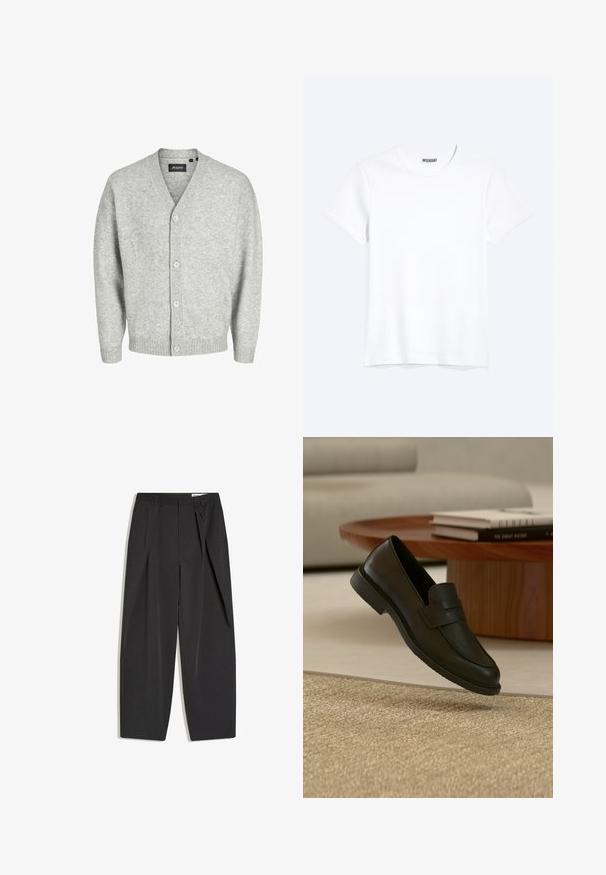 Gilet gris clair en tricot doux avec un col en V, cinq boutons sur le devant et des manches et un ourlet à côtes.; T-shirt blanc uni à manches courtes et col rond avec une étiquette de la marque WEEKDAY visible au niveau du col, présenté sur un fond clair.; Pantalon noir taille haute, coupé droit, avec pinces et passants de ceinture, présenté à plat sur un fond blanc.; Chaussure mocassin en cuir noir présentée en suspension au-dessus d'un tapis beige tissé, avec une table en bois et des livres empilés dans un salon doucement éclairé.