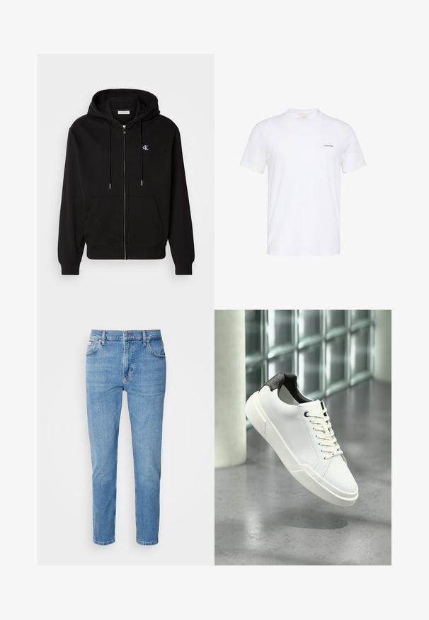 Sort zip-up hoodie lavet af blødt stof. Har en hætte med snore, frontlommer og et lille broderet logo på brystet.; Hvid T-shirt med korte ærmer og rund hals med lille sort Calvin Klein-logo på venstre bryst.; Lys blå denim jeans med lige snit, fem-lomme design og subtilt slid. Har knaplukning og bæltestropper.; Hvid lav tå-sneaker med sort struktureret hælfane, hvide snørebånd og tyk sål på en poleret betongulv nær glasblokke.