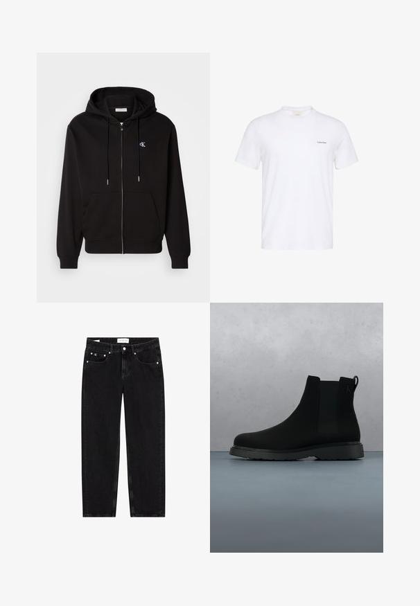 Sort zip-up hoodie lavet af blødt stof. Har en hætte med snore, frontlommer og et lille broderet logo på brystet.; Hvid T-shirt med korte ærmer og rund hals med lille sort Calvin Klein-logo på venstre bryst.; Sorte denim jeans med lige pasform, let slidte teksturer, fem lommer og sølvfarvede detaljer. Mærke på taljebåndet.; Sort ankelstøvle lavet af glat materiale med diskrete syninger, en gummisål og et strømlinet design, placeret over en overflade med træstruktur.