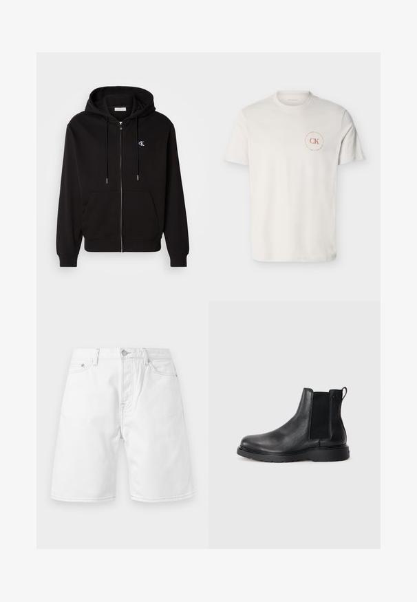 Sudadera con cremallera negra hecha de una tela suave. Cuenta con una capucha con cordón, bolsillos frontales y un pequeño logotipo bordado en el pecho.; Camiseta blanca de manga corta con cuello redondo y pequeño logo circular rojo "CK Calvin Klein" en el pecho izquierdo.; Pantalones cortos de mezclilla blancos para hombre con botón y cremallera delanteros, trabillas para cinturón y dos bolsillos delanteros sobre un fondo liso.; Botas Chelsea de cuero negro con acabado texturizado, paneles laterales elásticos y una suela de goma resistente. Marca sutil en el talón.