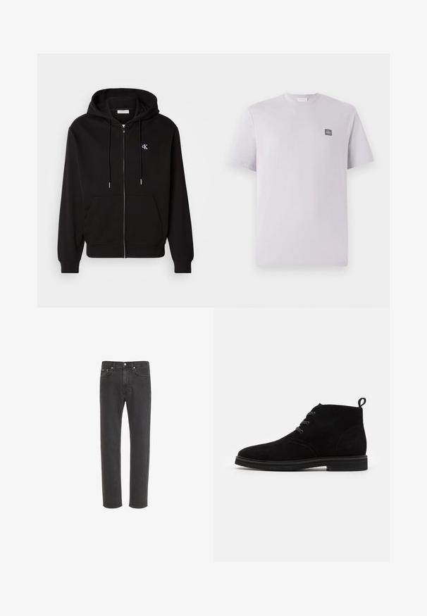 Sudadera con cremallera negra hecha de una tela suave. Cuenta con una capucha con cordón, bolsillos frontales y un pequeño logotipo bordado en el pecho.; Camiseta de manga corta en lavanda claro, hecha de algodón, con cuello redondo y un pequeño parche de logo oscuro en el lado izquierdo del pecho. Textura suave.; Vaqueros negros de corte recto con cierre delantero de botón y cremallera, bolsillos delanteros y traseros, mostrados sobre fondo blanco.; Botines de ante negro con puntera redondeada, dos ojales para los cordones y una pequeña lengüeta en la parte posterior. Suela de goma plana.