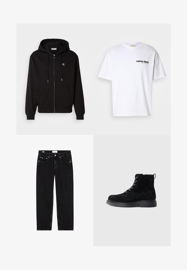 Schwarze Zip-Hoodie aus weichem Material. Mit einer Kapuze mit Kordelzug, Fronttaschen und einem kleinen gestickten Logo auf der Brust.; Weißes Baumwoll-T-Shirt mit kurzen Ärmeln, mit schwarzem "Calvin Klein"-Textlogo und einem quadratischen Etikett in der Nähe des Ausschnitts. Schlichtes Design.; Schwarze Denim-Jeans mit geradem Bein, leicht distressed Textur, fünf Taschen und silbernen Hardware-Details. Etikett am Bund.; Schwarze Wildleder-Stiefeletten mit einer strukturierten Oberfläche, runder Zehenpartie, grauen Schnürsenkeln und einer stabilen schwarzen Sohle. Verfügt über eine kleine Zuglasche an der Rückseite.