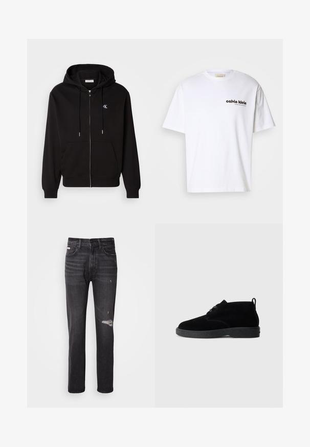 Sort zip-up hoodie lavet af blødt stof. Har en hætte med snore, frontlommer og et lille broderet logo på brystet.; Hvid bomulds t-shirt med korte ærmer, med sort "Calvin Klein" tekstlogo og et firkantet mærke nær halsudskæringen. Simpelt design.; Sorte denim jeans med lige ben-design, distressed detaljer ved knæene, fem-lommestil og en diskret falmet finish.; Sorte ruskindsankelstøvler med rund tå, snørebåndsdesign, sort gummisål og en sløjfe bag på for nem påtagning.