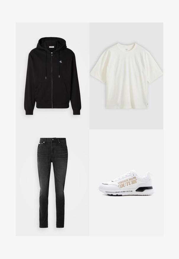 Schwarze Zip-Hoodie aus weichem Material. Mit einer Kapuze mit Kordelzug, Fronttaschen und einem kleinen gestickten Logo auf der Brust.; Weißes T-Shirt mit kurzen Ärmeln aus Baumwolle. Rundhalsausschnitt, lockere Passform, dezentes Branding auf der Brust und ein rotes Etikett am Saum.; Schwarze Jeans aus Denim mit schmaler Passform, fünf Taschen und Knopfverschluss. Mit einem subtilen Verblassen und Nähakzenten an den Taschen.; Weißer Sneaker mit niedriger Höhe, goldener "Versace Jeans Couture"-Beschriftung an der Seite und schwarzen Sohlenakzenten auf hellem Hintergrund.
