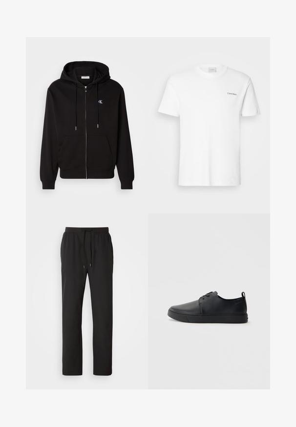 Μαύρη φούτερ hoodie με φερμουάρ, κατασκευασμένη από μαλακό ύφασμα. Διαθέτει κουκούλα με κορδόνι, μπροστινές τσέπες και ένα μικρό κεντητό λογότυπο στο στήθος.; Λευκό βαμβακερό T-shirt με κοντά μανίκια και στρογγυλή λαιμόκοψη. Διαθέτει μικρό μαύρο λογότυπο "Calvin Klein" στη αριστερή πλευρά του στήθους.; Μαύρο παντελόνι φόρμας από ελαφρύ ύφασμα, με ελαστική μέση και ρυθμιζόμενα κορδόνια, καθώς και πλάγιες τσέπες. Απαλή υφή.; Μαύρο δερμάτινο αθλητικό παπούτσι με λεία επιφάνεια, στρογγυλή μύτη, τονικό ράψιμο, κορδόνια μπροστά και επίπεδη καουτσούκ σόλα. Βρόχος στην πτέρνα.