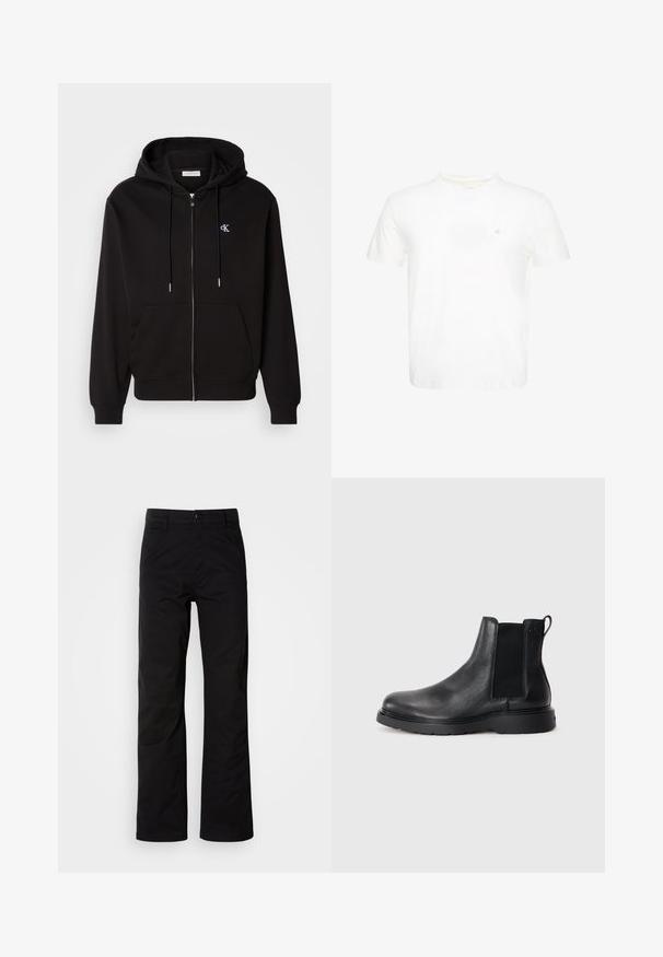 Schwarze Zip-Hoodie aus weichem Material. Mit einer Kapuze mit Kordelzug, Fronttaschen und einem kleinen gestickten Logo auf der Brust.; Weißes T-Shirt mit kurzen Ärmeln und Rundhalsausschnitt mit kleinem gesticktem "ck" Logo auf der linken Brust.; Schwarze Baumwollhosen mit geradem Bein, ausgestattet mit einem Knopfverschluss und Gürtelschlaufen. Glatte Textur und minimalistischer Stil ohne sichtbare Muster.; Schwarze Leder-Chelsea-Boots mit strukturiertem Finish, elastischen seitlichen Einsätzen und einer robusten Gummisohle. Dezentes Branding an der Ferse.