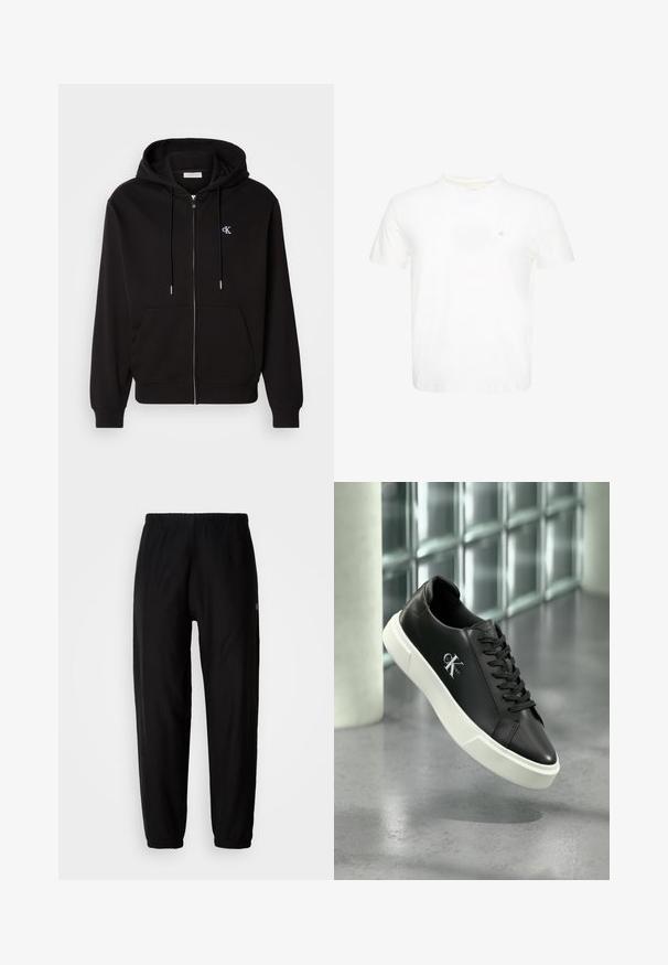Schwarze Zip-Hoodie aus weichem Material. Mit einer Kapuze mit Kordelzug, Fronttaschen und einem kleinen gestickten Logo auf der Brust.; Weißes T-Shirt mit kurzen Ärmeln und Rundhalsausschnitt mit kleinem gesticktem "ck" Logo auf der linken Brust.; Schwarze Jogginghosen mit elastischem Bund, schmal zulaufenden Beinen und Bündchen. Glatte Stoffoberfläche. Logodetail an der Seite.; Schwarzer Ledersneaker mit weißer Gummisohle und "CK Calvin Klein"-Logo an der Seite, vor einem Hintergrund aus glasierten Fliesen präsentiert.