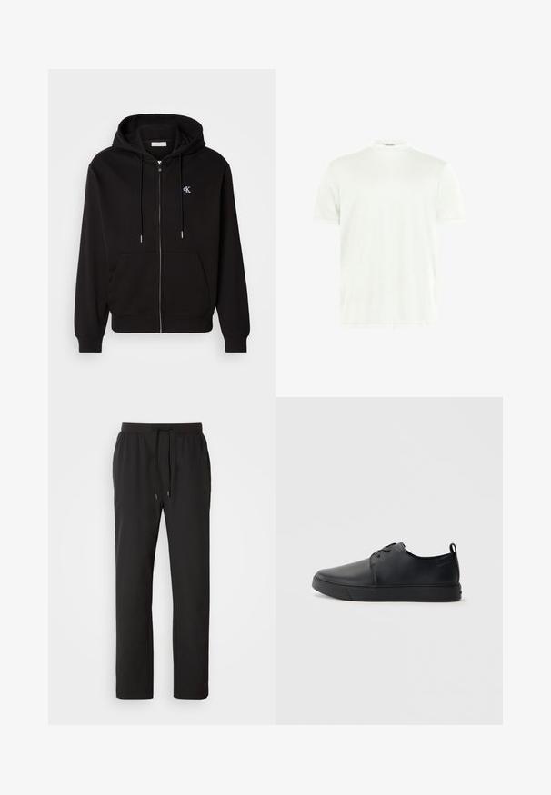 Sudadera con cremallera negra hecha de una tela suave. Cuenta con una capucha con cordón, bolsillos frontales y un pequeño logotipo bordado en el pecho.; Camiseta blanca de cuello redondo hecha de tela suave. Mangas cortas, sin estampados. Diseño simple con dobladillo recto y detalles mínimos.; Pantalones de chándal negros hechos de tela ligera, con una cintura elástica y cordones ajustables, además de bolsillos laterales. Textura suave.; Zapatilla negra de cuero con acabado suave, punta redondeada, costuras a tono, cordones en la parte delantera y suela de goma plana. Asa en el talón.