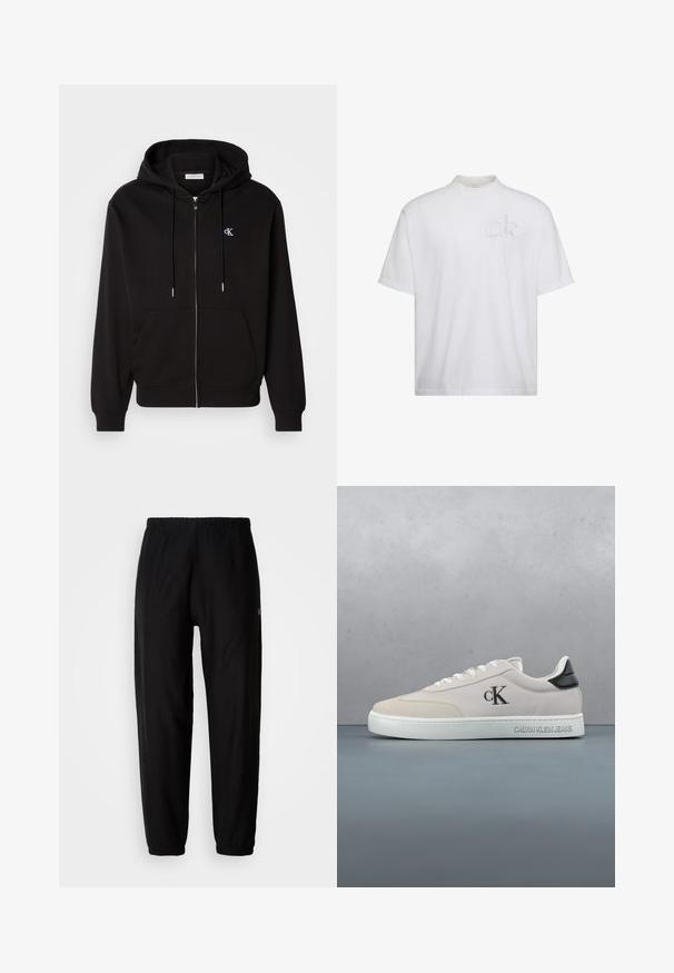 Sort zip-up hoodie lavet af blødt stof. Har en hætte med snore, frontlommer og et lille broderet logo på brystet.; Hvid T-shirt med korte ærmer og høj hals, med subtilt hævet "ck" logo på venstre bryst.; Sorte træningsbukser med elastisk talje, tapered ben og manchetter. Glat stoftekstur. Logo detalje på siden.; Lavtop beige sneakers med hvid sål, sort hælflap, "cK" logo på siden og "Calvin Klein Jeans" præget på mellemsålen.