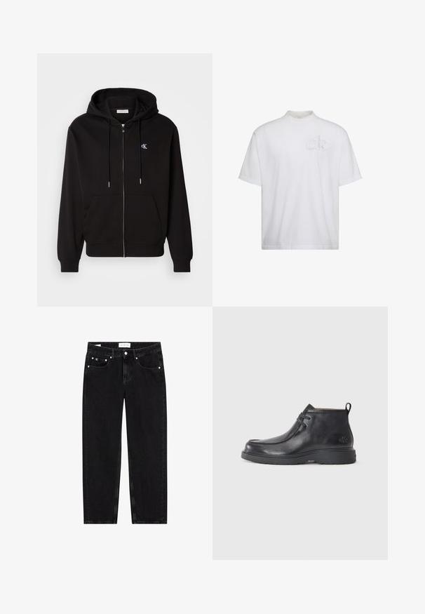 Sudadera con cremallera negra hecha de una tela suave. Cuenta con una capucha con cordón, bolsillos frontales y un pequeño logotipo bordado en el pecho.; Camiseta blanca de manga corta con cuello alto simulado, con un sutil logo "ck" en relieve en el pecho izquierdo.; Vaqueros de mezclilla negra con un corte recto, textura ligeramente desgastada, cinco bolsillos y detalles en metal plateado. Etiqueta en la cintura.; Botas de cuero negras hasta el tobillo con punta redondeada, diseño con cordones y una lengüeta en la parte trasera. Parte superior texturizada y suela de goma.