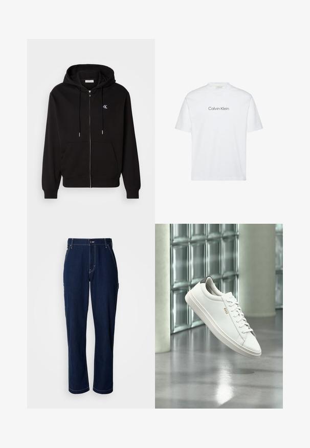 Schwarze Zip-Hoodie aus weichem Material. Mit einer Kapuze mit Kordelzug, Fronttaschen und einem kleinen gestickten Logo auf der Brust.; Weißes Baumwoll-T-Shirt mit kurzen Ärmeln. Es verfügt über einen Rundhalsausschnitt und ein graues, aufgedrucktes "Calvin Klein"-Logo auf der Brust.; Dunkelblaue Jeanshose mit geradem Schnitt, verstärkten Nähten und Seitentaschen. Verfügt über einen Knopfverschluss und eine leichte Textur.; Weißer Leder-Low-Top-Sneaker mit Schnürsenkeln, schwarzer Fersenschlaufe und „BOSS“-Logo, der drinnen nahe einer Glassteinwand und einem polierten Boden schwebt.