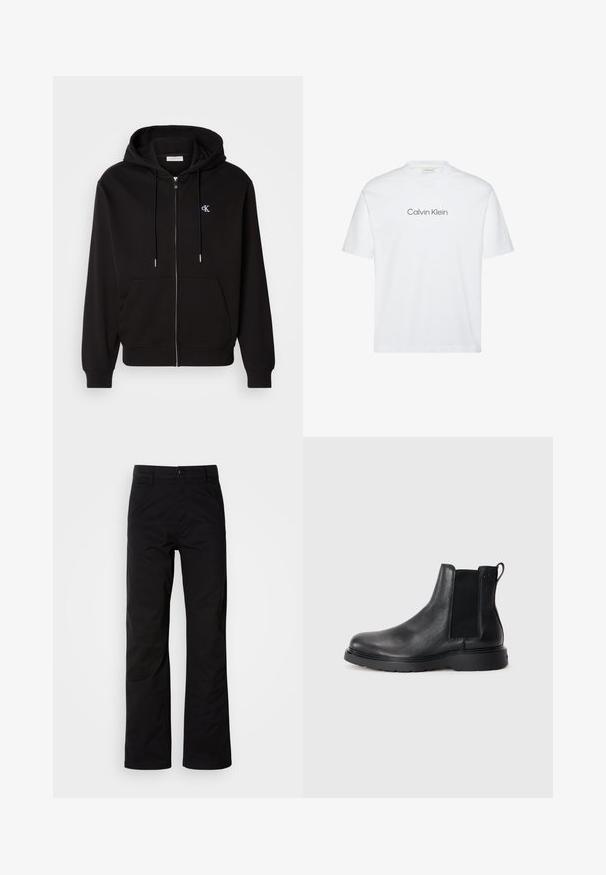 Schwarze Zip-Hoodie aus weichem Material. Mit einer Kapuze mit Kordelzug, Fronttaschen und einem kleinen gestickten Logo auf der Brust.; Weißes Baumwoll-T-Shirt mit kurzen Ärmeln. Es verfügt über einen Rundhalsausschnitt und ein graues, aufgedrucktes "Calvin Klein"-Logo auf der Brust.; Schwarze Baumwollhosen mit geradem Bein, ausgestattet mit einem Knopfverschluss und Gürtelschlaufen. Glatte Textur und minimalistischer Stil ohne sichtbare Muster.; Schwarze Leder-Chelsea-Boots mit strukturiertem Finish, elastischen seitlichen Einsätzen und einer robusten Gummisohle. Dezentes Branding an der Ferse.