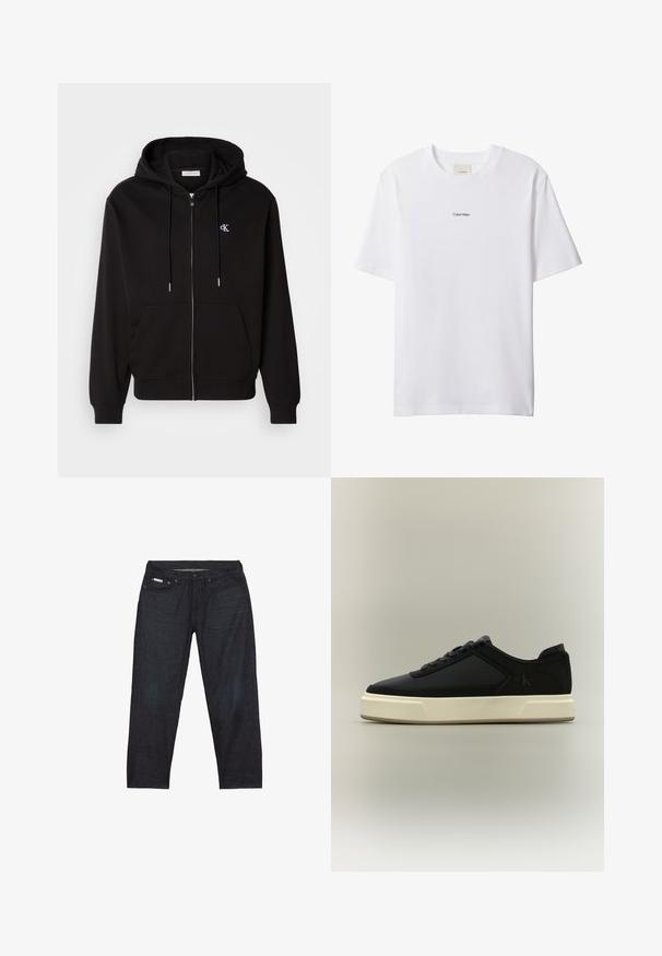 Sudadera con cremallera negra hecha de una tela suave. Cuenta con una capucha con cordón, bolsillos frontales y un pequeño logotipo bordado en el pecho.; Camiseta blanca de algodón con cuello redondo y mangas cortas. Cuenta con un pequeño logo negro de "Calvin Klein" centrado en el pecho.; Pantalones vaqueros de mezclilla azul oscuro con corte recto, que cuentan con cinco bolsillos y detalles de costuras mínimas para un aspecto limpio.; Zapatilla deportiva negra de corte bajo con suela blanca gruesa, cordones en la parte delantera y el logo sutil "cK" en el lateral.