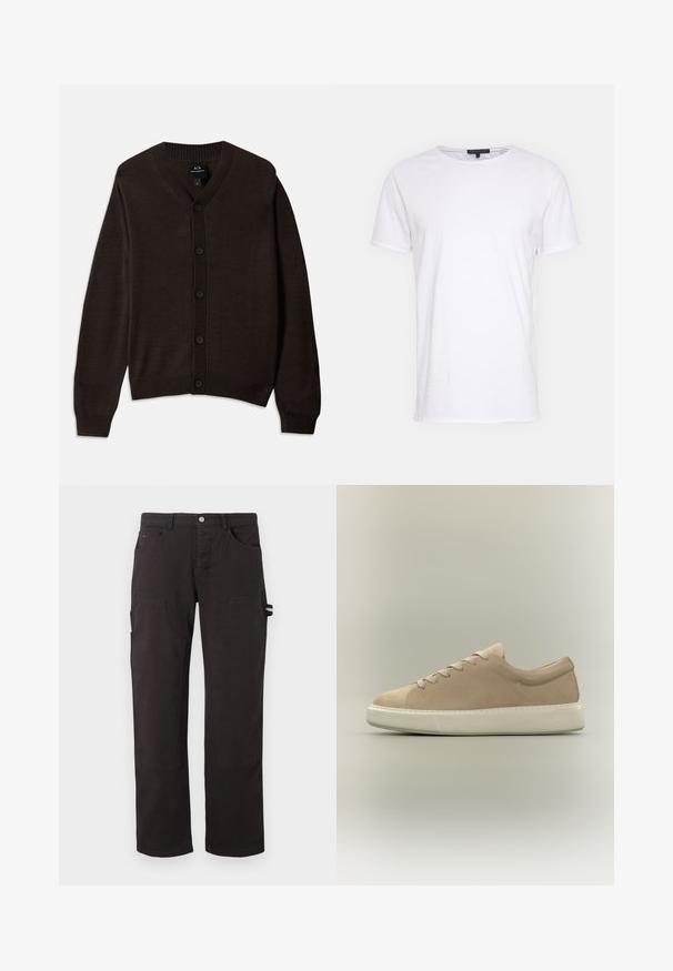 Brun strikket cardigan med V-hals, ribbestrikket krave og frontknapper. Har lange ærmer og en afslappet pasform. Materialet er blødt og glat.; Hvid bomulds t-shirt med rund halsudskæring, korte ærmer og lige snit. Har en enkel, glat overflade uden yderligere mønstre.; Tommy Jeans JAIMIE CARPENTER DOUBLE KNEE - Bukser - black; Beige ruskind lavtop sneaker med snørelukning foran og tyk hvid gummisål på neutral baggrund.