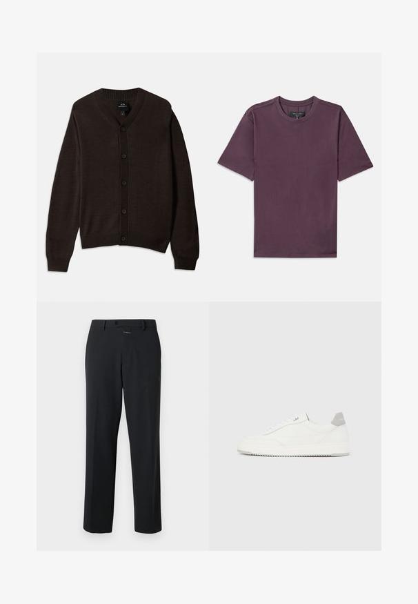 Cárdigan de punto marrón con cuello en V, cuello acanalado y botones en la parte delantera. Presenta mangas largas y un ajuste relajado. El material es suave y liso.; Camiseta de manga corta y cuello redondo en color malva oscuro, con etiqueta de la marca visible cosida en el interior del cuello.; Pantalones negros de corte recto, fabricados en una tela suave. Presentan un cierre frontal con botón y detalles de costura sutiles. Diseño liso sin patrones.; Zapatilla blanca de corte bajo con pestaña en el talón gris, cordones blancos y suela texturizada, presentada sobre un fondo claro y liso.