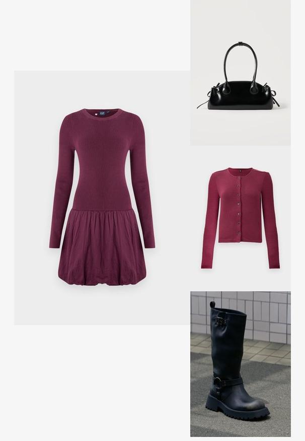 Ribbede langærmede knap-up cardigan i mørk pink med rund hals og syv sorte og sølv knapper ned langs fronten.; Lilla kjole med ribbet overdel, lange ærmer og en rynket nederdel. Stoffet ser glat ud med en let tekstur.; Sort midt-læg læderstøvle med chunky sål, metal spænde nær toppen og rem med ringdetalje over anklen, på en belagt overflade.; Lille sort blank håndtaske med to lange håndtag og snøre-detaljer i siden på en ensfarvet lys baggrund.