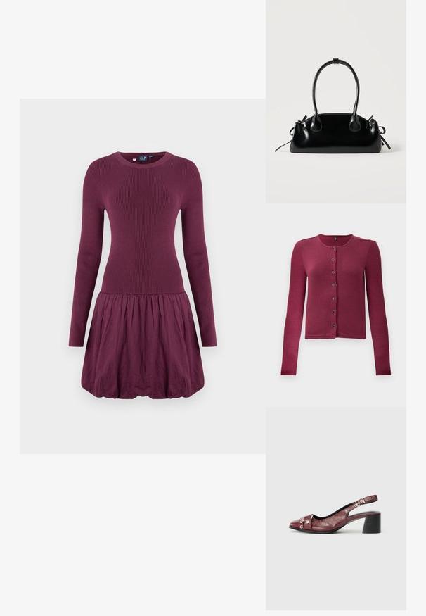 Cárdigan de botones de manga larga con relieve en rosa oscuro, con cuello redondo y siete botones negros y plateados en la parte delantera.; Vestido morado con cuerpo acanalado, mangas largas y falda fruncida. La tela parece suave y de textura ligera.; Zapato slingback de cuero burdeos con punta redonda, diseño curvado, acentos de metal plateado y tacón ancho. Acabado texturizado.; Pequeño bolso negro brillante con dos asas largas y detalles de cordón lateral sobre un fondo claro liso.