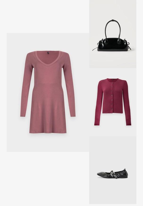 Cárdigan de botones de manga larga con relieve en rosa oscuro, con cuello redondo y siete botones negros y plateados en la parte delantera.; Vestido de manga larga en malva, con escote en V y cuerpo ajustado con falda acampanada. Confeccionado en tejido suave y elástico.; Zapato plano de piel negra con puntera afilada, detalle fruncido alrededor de la abertura y un acento de hebilla plateada en la correa ajustable.; Pequeño bolso negro brillante con dos asas largas y detalles de cordón lateral sobre un fondo claro liso.