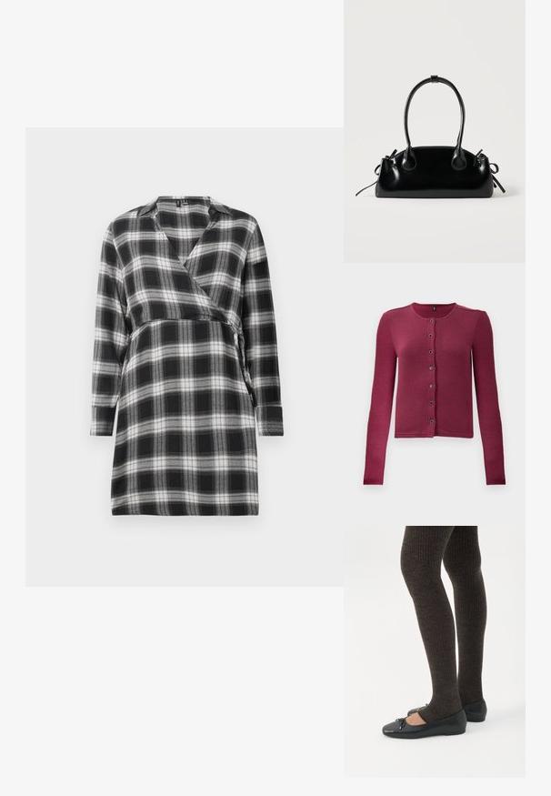 Ribbede langærmede knap-up cardigan i mørk pink med rund hals og syv sorte og sølv knapper ned langs fronten.; Sort og hvid ternet omslagskjole med lange ærmer, V-udskæring og et bånd i taljen. Blødt stof med et ternet mønster overalt.; Ben iført mørke ribbede leggings kombineret med sorte balletsko med små sløjfedetaljer på hvid baggrund.; Lille sort blank håndtaske med to lange håndtag og snøre-detaljer i siden på en ensfarvet lys baggrund.