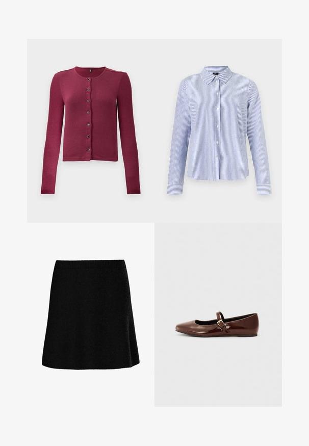 Ribbede langærmede knap-up cardigan i mørk pink med rund hals og syv sorte og sølv knapper ned langs fronten.; Langærmet skjorte med knapper med hvide og lyseblå lodrette striber og en spids krave vist på en ensfarvet baggrund.; Sort A-formet nederdel i tekstureret, blødt stof. Har en tætsiddende talje og en udvidet silhuet, der giver et glat og afslappet udseende.; Brun patentlæder balletflade med firkantet tå og strop med en lille guldbuckle. Glat tekstur, lav hæl og minimalistisk design.