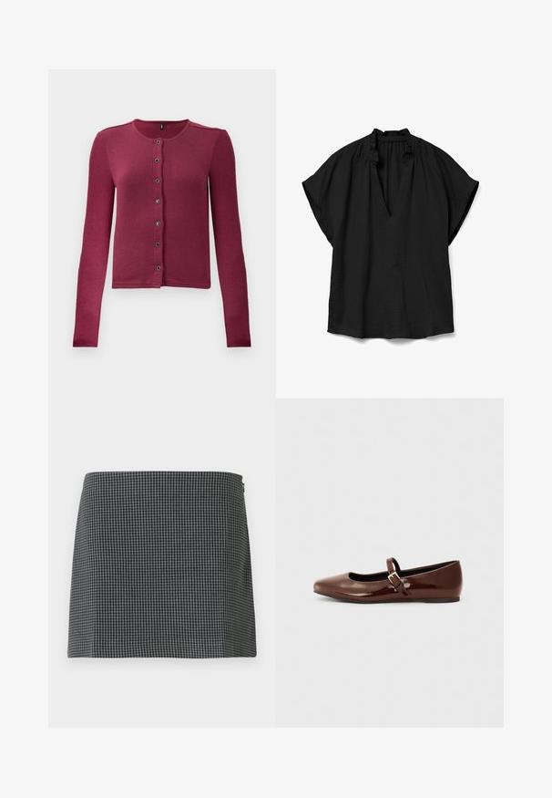 Geribde langwerpige button-up cardigan in donkerroze met ronde halslijn en zeven zwarte en zilveren knopen aan de voorkant.; Zwarte blouse met korte mouwen, V-hals en gerimpelde kraag, gemaakt van lichtgewicht gestructureerde stof, plat neergelegd op een witte achtergrond.; Zwart-wit geblokte rok gemaakt van stof met een gladde textuur. Heeft een rechte silhouette en een ritssluiting aan de zijkant.; Bruine gepatineerde leren balletschoen met een vierkante neus en een bandje met een kleine gouden gesp. Gladde textuur, lage hak en minimalistisch ontwerp.
