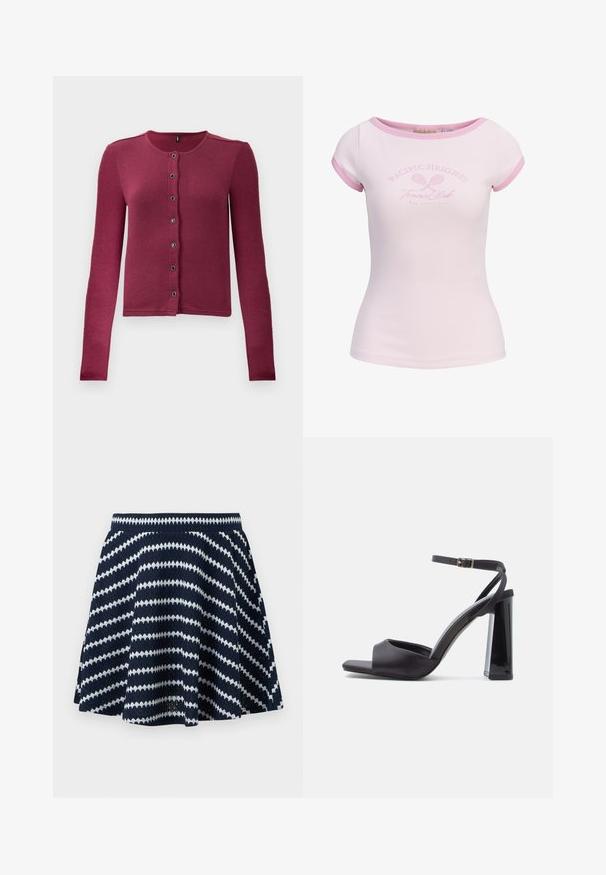 Ribbede langærmede knap-up cardigan i mørk pink med rund hals og syv sorte og sølv knapper ned langs fronten.; Lyserød tætsiddende T-shirt med korte ærmer i ribbet stof med mørkere lyserød kant og teksten "Pacific Heights Tennis Club San Francisco" med krydsede tennisketchere.; Marineblå strikket nederdel med hvide diagonale zigzagstriber og elastisk taljebånd, udvidet silhuet.; Sorte satin høje hæle sandaler med ankelrem, åben tå-design og en blank blokhæler. Har minimal syning og en glat tekstur.