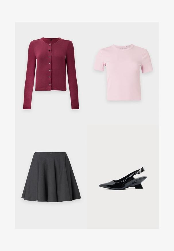 Cárdigan de botones de manga larga con relieve en rosa oscuro, con cuello redondo y siete botones negros y plateados en la parte delantera.; Camiseta de manga corta en rosa claro con tejido acanalado, cuello redondo y diseño ajustado. La tela tiene una textura suave y detalles mínimos.; Falda gris acampanada hecha de un tejido texturizado. Presenta una cintura de media altura y sutiles pliegues, con una cremallera oculta en la parte posterior.; Zapato slingback de cuero charol negro con puntera puntiaguda y tacón bajo en bloque inclinado sobre fondo claro liso.