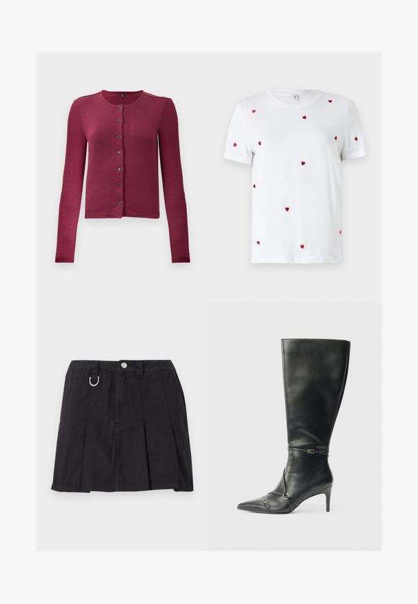 Cárdigan de botones de manga larga con relieve en rosa oscuro, con cuello redondo y siete botones negros y plateados en la parte delantera.; Camiseta de algodón blanca con corazones rojos bordados dispersos. Cuello redondo clásico y mangas cortas. Diseño simple y moderno.; Falda negra plisada de algodón, con cierre de botones en la parte delantera, lazos para cinturón y un acento en forma de D en la cinturilla.; Botas negras de cuero hasta la rodilla con tacón delgado, punta afilada y detalles de diseño con correas en el tobillo. Textura suave y diseño ajustado.