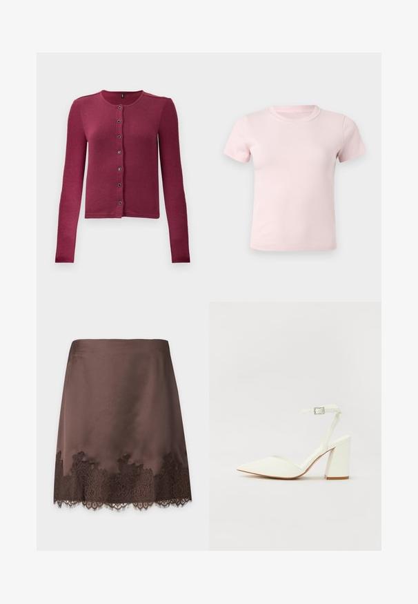 Ribbede langærmede knap-up cardigan i mørk pink med rund hals og syv sorte og sølv knapper ned langs fronten.; Lyserød t-shirt med korte ærmer og rund hals, ensfarvet design, vist fladt mod en hvid baggrund.; Brun satin nederdel med blomsterblondekant ved kanten, lige snit og glat tekstur på en ensfarvet baggrund.; Hvide hælede sandaler med spids tå, justerbar ankelrem og en kraftig firkantet hæl. Glat tekstur med minimale syninger.