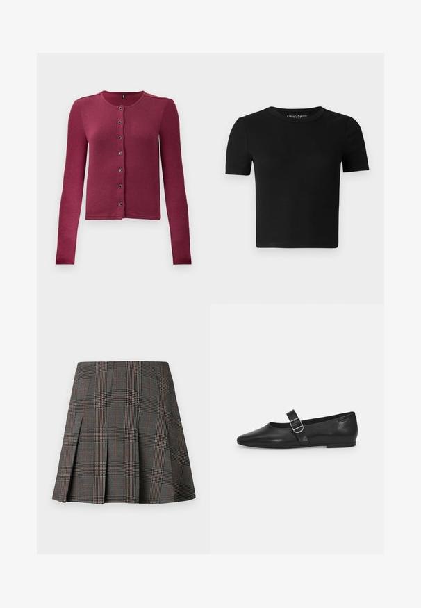 Gilet boutonné à manches longues côtelé en rose foncé, avec un col rond et sept boutons noirs et argentés sur le devant.; T-shirt noir ajusté à manches courtes, texture côtelée et col rond. Design simple, sans logo ni ornement visible.; Jupe à carreaux gris avec des plis, ornée de motifs complexes en noir et blanc, accentuée par de fines lignes rouges. Fabriquée dans un tissu structuré.; Chaussure plate en cuir noir avec un bout arrondi, une seule sangle réglable à boucle et une texture lisse et brillante. Design minimaliste avec un petit talon.