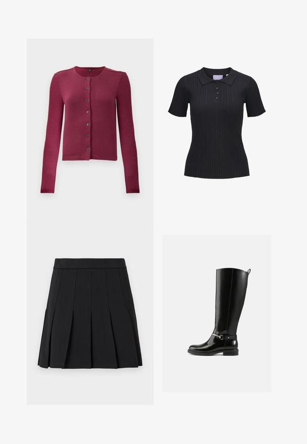 Ribbede langærmede knap-up cardigan i mørk pink med rund hals og syv sorte og sølv knapper ned langs fronten.; Sort kortærmet ribstrikket polo i strik med fire knapper og traditionelt krave.; Sort plisseret nederdel lavet af et glat materiale. Har en bred linning og flere knivfolder, der går lodret.; Sorte knæhøje støvler lavet af blankt læder med en sølvfarvet spænde ved anklen og rundet snude. Flad sål.