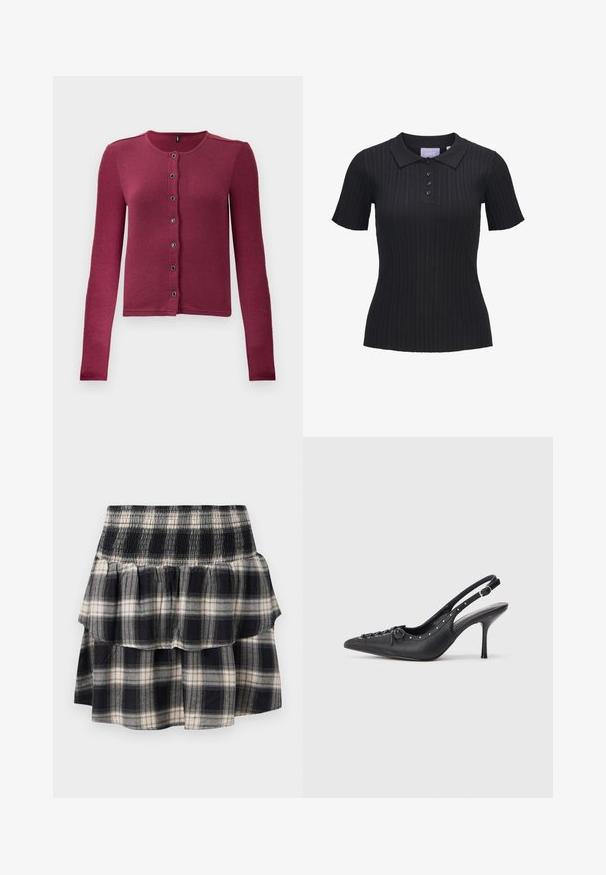 Geribde langwerpige button-up cardigan in donkerroze met ronde halslijn en zeven zwarte en zilveren knopen aan de voorkant.; Zwart kortademig geribbeld katoenen poloshirt met vier knopen en een traditionele kraag.; Zwart-wit geruite tiered rok met smock tailleband. Heeft gerimpelde lagen en een zachte katoentextuur.; Zwarte leren slingback stiletto met spitse neus, zijgesp met gesp, studs langs de rand en decoratieve veters aan de voorkant.