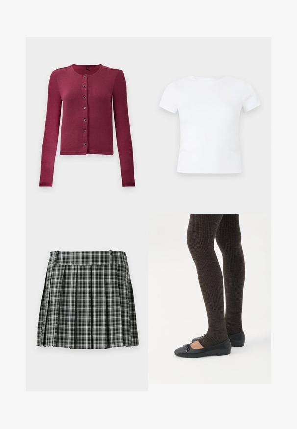 Geribde langwerpige button-up cardigan in donkerroze met ronde halslijn en zeven zwarte en zilveren knopen aan de voorkant.; Effen wit T-shirt met korte mouwen en een ronde hals, getoond op een neutrale lichtgrijze achtergrond.; Zwart-wit geruite geplisseerde rok met een gladde tailleband en meerdere verticale plooien. Gemaakt van lichte stof.; Benen met donkere geribbelde leggings gecombineerd met zwarte ballerina's met kleine strikdetails op een witte achtergrond.