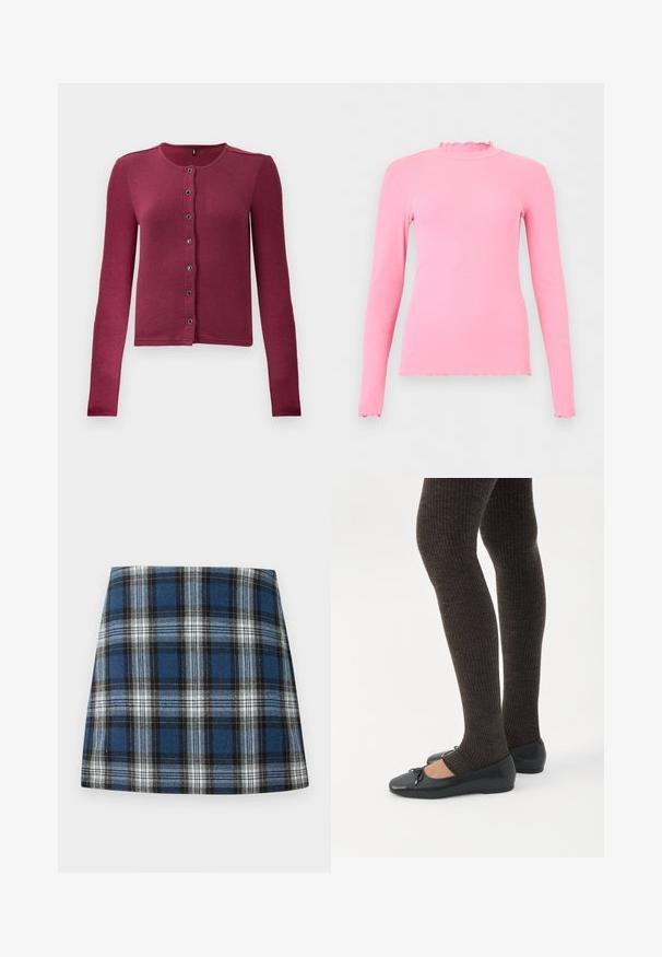 Cárdigan de botones de manga larga con relieve en rosa oscuro, con cuello redondo y siete botones negros y plateados en la parte delantera.; Top rosa de manga larga con tejido acanalado y bordes con volantes en el cuello, los puños y el dobladillo, mostrado sobre un fondo liso y claro.; Falda de cuadros azul con un patrón de cuadros variado en azul, negro y blanco. Confeccionada con una tela texturada y un silueta ajustada.; Piernas con leggings oscuros acanalados combinados con bailarinas negras que presentan pequeños detalles de lazo sobre un fondo blanco.