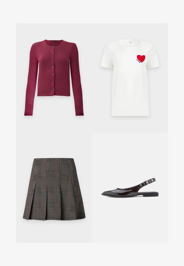 Ribbede langærmede knap-up cardigan i mørk pink med rund hals og syv sorte og sølv knapper ned langs fronten.; Hvid T-shirt med korte ærmer, prydet med et rødt hjerte og ordet "AMOUR" trykt på venstre bryst.; Gråternet nederdel med plisseringer, prydet med intrikate mønstre i sort og hvid, akkompagneret af tynde røde linjer. Fremstillet af et struktureret stof.; Sorte slingback-flats i lakeret læder med spids tå, flad hæl og justerbar rem med sølvfarvet hardware og nitteaccents.