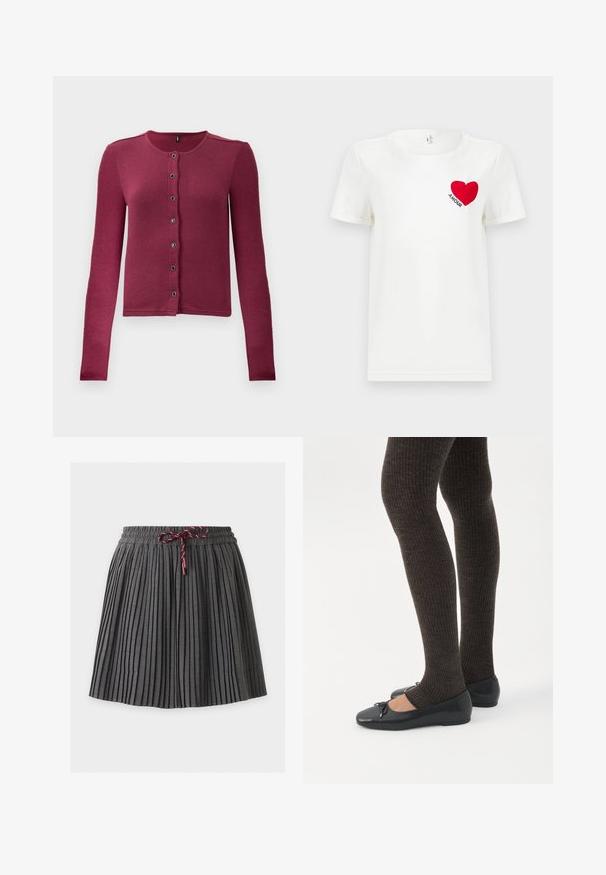 Cárdigan de botones de manga larga con relieve en rosa oscuro, con cuello redondo y siete botones negros y plateados en la parte delantera.; Camiseta blanca de manga corta con un corazón rojo y la palabra "AMOUR" impresa en el área del pecho izquierdo.; Falda plisada gris oscuro con cintura elástica y cordón granate atado en el centro delantero.; Piernas con leggings oscuros acanalados combinados con bailarinas negras que presentan pequeños detalles de lazo sobre un fondo blanco.