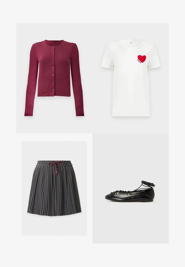 Geribde langwerpige button-up cardigan in donkerroze met ronde halslijn en zeven zwarte en zilveren knopen aan de voorkant.; Witte T-shirt met korte mouwen met een rode hart en het woord "AMOUR" gedrukt op de linkerkant van de borst.; Donkergrijze geplooide rok met een elastische tailleband en een gebonden bordeaux koord aan de voorkant in het midden.; Zwarte ballerina's van lakleer met een afgeronde neus, veterdesign en een platte zool. Glad oppervlak met minimale details.