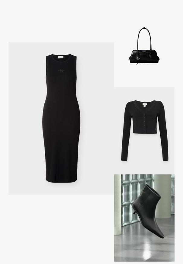 Zwarte cropped cardigan van ribgebreide stof. Heeft lange mouwen, een V-hals en een rij van zes knopen aan de voorkant. Minimalistisch design.; Zwarte mouwloze midi-jurk gemaakt van geribd stof; heeft een ronde halslijn en een subtiel logo op de borst.; Zwarte leren enkellaars met spits toelopende neus en lage kittenhak, schuin weergegeven tegen een gepolijste vloer en een glazen blokken muur als achtergrond.; Zwarte schoudertas van leer met krokodillenstructuur, lange banden en een klein zilveren logohanger aan één band.