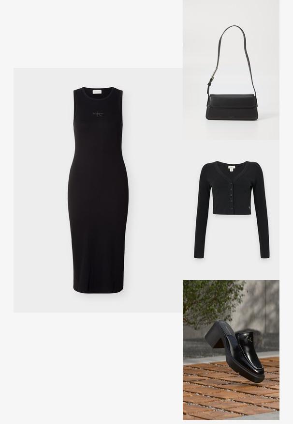 Cárdigan negro corto hecho de tela acanalada. Presenta mangas largas, un escote en V y una fila de seis botones en la parte delantera. Diseño minimalista.; Vestido midi negro sin mangas hecho de tela acanalada; presenta un escote redondo y un logo sutil en el pecho.; Mule tipo slip-on de cuero negro de Calvin Klein con tacón de bloque descansando sobre baldosas de madera al aire libre cerca de una planta verde y una pared gris.; Bolso de mano de cuero negro con forma rectangular y solapa plegable. Presenta una correa delgada y una marca mínima en la parte delantera.