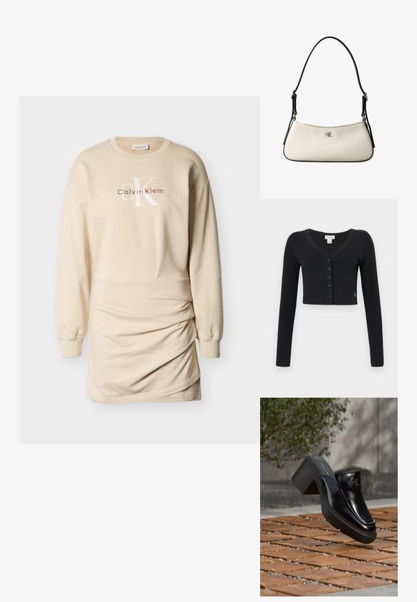 Cárdigan negro corto hecho de tela acanalada. Presenta mangas largas, un escote en V y una fila de seis botones en la parte delantera. Diseño minimalista.; Vestido sudadera beige con mangas largas, cuello redondo, detalle fruncido en los laterales y logo "Calvin Klein" en rojo y blanco en la parte frontal. Tejido suave.; Mule tipo slip-on de cuero negro de Calvin Klein con tacón de bloque descansando sobre baldosas de madera al aire libre cerca de una planta verde y una pared gris.; Pequeño bolso de hombro color crema con ribete negro, correa negra ajustable y logo plateado "cK" en el centro frontal.
