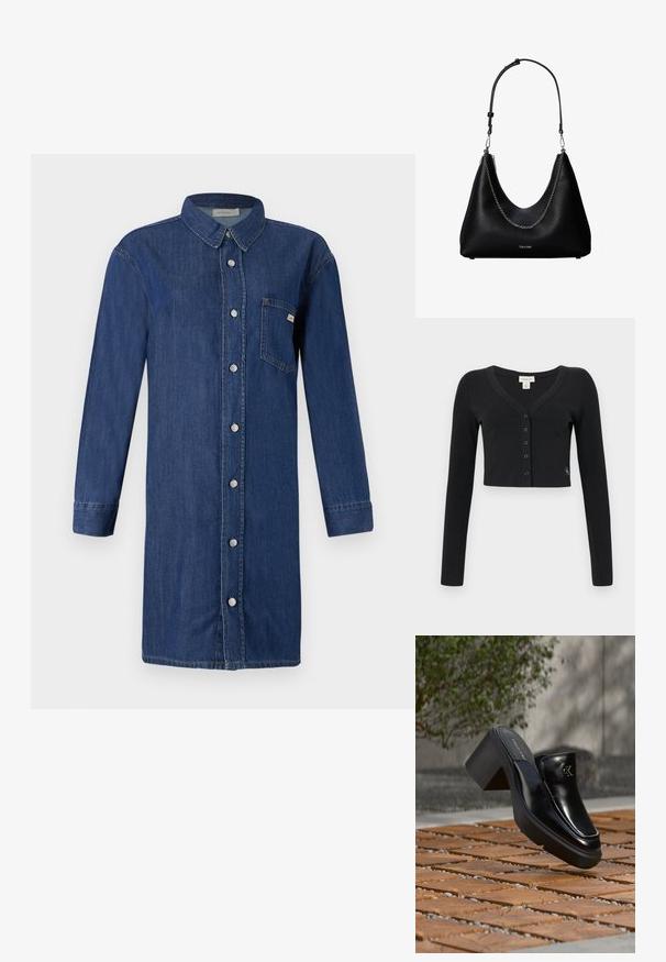 Zwarte cropped cardigan van ribgebreide stof. Heeft lange mouwen, een V-hals en een rij van zes knopen aan de voorkant. Minimalistisch design.; Denim jurk in donkerblauw, met een knoopsluiting aan de voorkant, lange mouwen, kraag en een borstzak. Glad materiaal met een klassieke pasvorm.; Zwarte leren Calvin Klein slip-on mule met blokhak rustend op houten tegels buiten, vlak bij een groene plant en een grijze muur.; Zwarte leren handtas met een zilveren kettingdetail en verstelbare schouderriem, met het Calvin Klein-logo aan de voorkant.