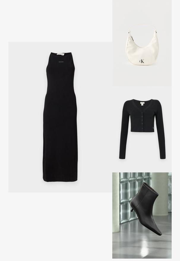 Must must täiendav kardiigan, mis on valmistatud ribakangast. Omab pikki varrukaid, V-kaelust ja kuut nööpi esipaneelil. Minimalistlik disain.; Musthave musträtik, millel on sujuv kangas, kõrge kaelus ja lihtne siluett. Rinnal on peen brändimine.; Mustast nahast pahkluu saabas terava varbaotsaga ja väikese kontsaga, esitletud klaasplokkidest seina ja poleeritud põranda taustal.; Väike valge poolkuu-kujuline käekott lühikese sangaga, lukuga ja musta "cK" logoga esiküljel.
